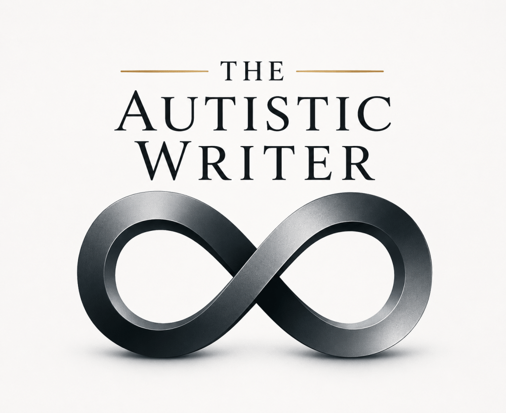 Logo for The Autistic Writer featuring the words “THE AUTISTIC WRITER” in elegant black serif lettering above a large metallic infinity symbol on a clean white background, with thin gold accent lines on either side of the word “THE”.